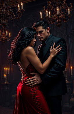 A dark romance scene depicting a couple in a tense yet passionate embrace, set in a shadowy, opulent mansion filled with intricate decor and dim lighting