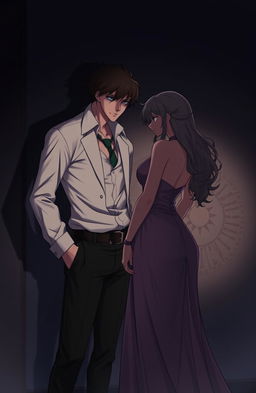 A mature aesthetic scene depicting a tense moment between two figures in a mafia setting, with an emphasis on misunderstanding and revenge