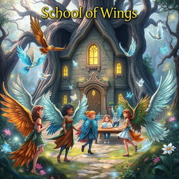 A mystical scene from a fantasy book titled 'School of Wings', showcasing a diverse group of people with beautifully feathered bird wings