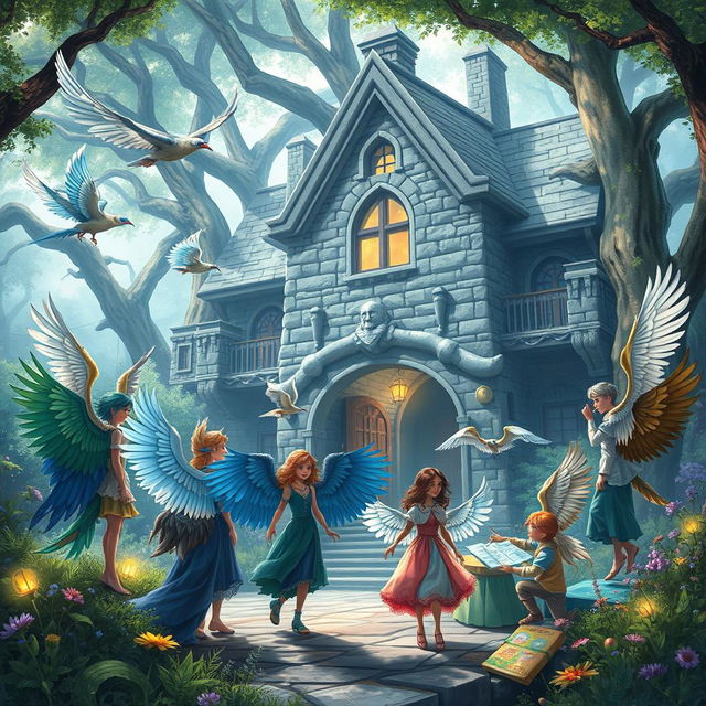 A mystical scene from a fantasy book titled 'School of Wings', showcasing a diverse group of people with beautifully feathered bird wings