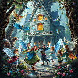 A mystical scene from a fantasy book titled 'School of Wings', showcasing a diverse group of people with beautifully feathered bird wings