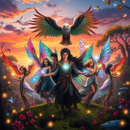 A fantastical scene featuring a group of diverse characters with beautiful, feathered bird wings in a vibrant, magical world