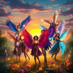 A fantastical scene featuring a group of diverse characters with beautiful, feathered bird wings in a vibrant, magical world