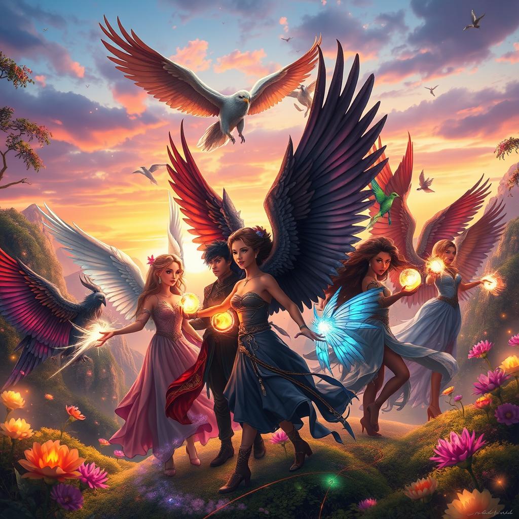 A fantastical scene featuring a group of diverse characters with beautiful, feathered bird wings in a vibrant, magical world