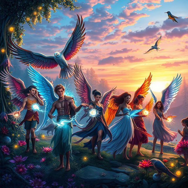 A fantastical scene featuring a group of diverse characters with beautiful, feathered bird wings in a vibrant, magical world