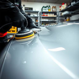 A close-up view of a professional auto detailer renewing the paint of a sleek, modern car