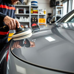 A close-up view of a professional auto detailer renewing the paint of a sleek, modern car