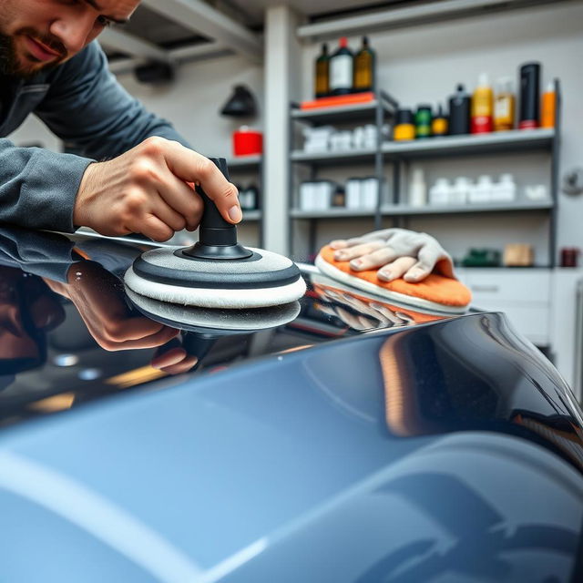 A close-up view of a professional auto detailer renewing the paint of a sleek, modern car