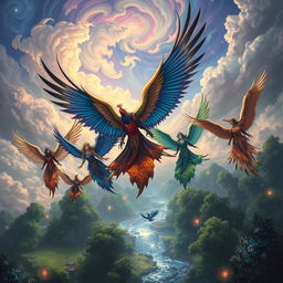 A fantastical scene featuring a group of individuals with magnificent bird wings, soaring gracefully through a vibrant sky filled with swirling clouds