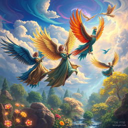 A fantastical scene featuring a group of individuals with magnificent bird wings, soaring gracefully through a vibrant sky filled with swirling clouds