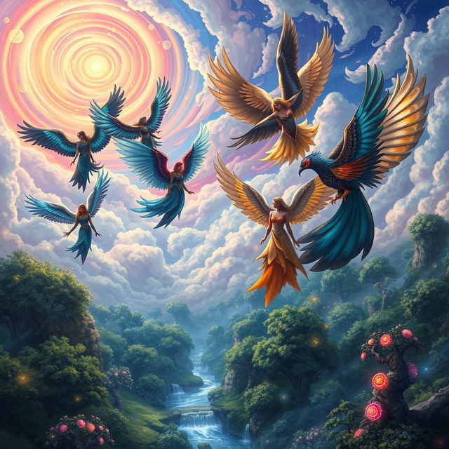 A fantastical scene featuring a group of individuals with magnificent bird wings, soaring gracefully through a vibrant sky filled with swirling clouds