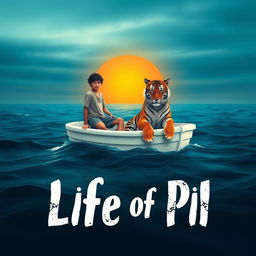 A captivating scene inspired by 'Life of Pi' that illustrates a 16-year-old boy stranded on a small, white lifeboat in the expansive ocean with a serene Bengal tiger beside him