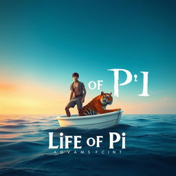 A captivating scene inspired by 'Life of Pi' that illustrates a 16-year-old boy stranded on a small, white lifeboat in the expansive ocean with a serene Bengal tiger beside him