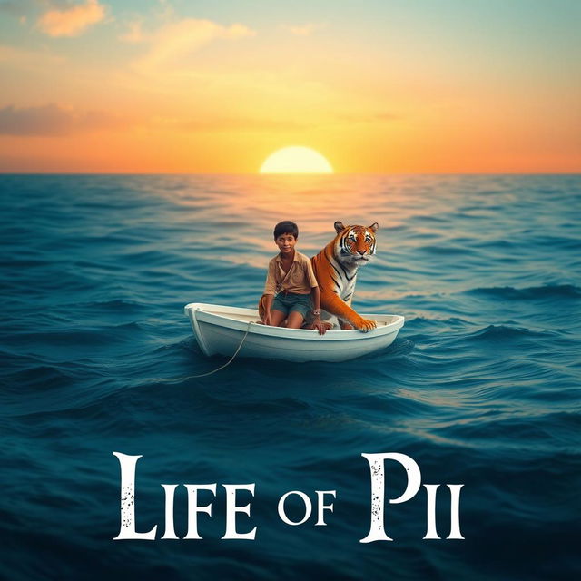 A captivating scene inspired by 'Life of Pi' that illustrates a 16-year-old boy stranded on a small, white lifeboat in the expansive ocean with a serene Bengal tiger beside him