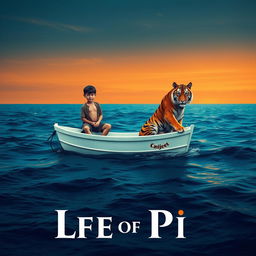A captivating scene inspired by 'Life of Pi' that illustrates a 16-year-old boy stranded on a small, white lifeboat in the expansive ocean with a serene Bengal tiger beside him