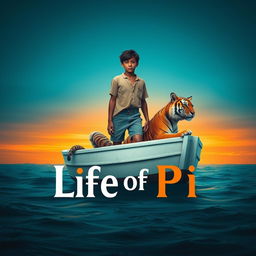 An artistic representation inspired by 'Life of Pi', featuring a 16-year-old boy stranded on a small, white lifeboat, accompanied by a serene Bengal tiger