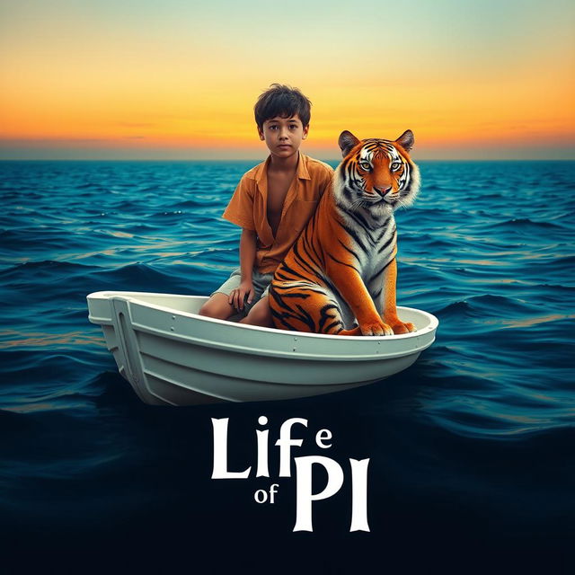 An artistic representation inspired by 'Life of Pi', featuring a 16-year-old boy stranded on a small, white lifeboat, accompanied by a serene Bengal tiger