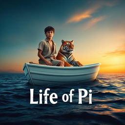 An artistic representation inspired by 'Life of Pi', featuring a 16-year-old boy stranded on a small, white lifeboat, accompanied by a serene Bengal tiger