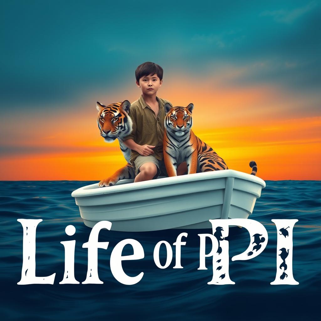 An artistic representation inspired by 'Life of Pi', featuring a 16-year-old boy stranded on a small, white lifeboat, accompanied by a serene Bengal tiger
