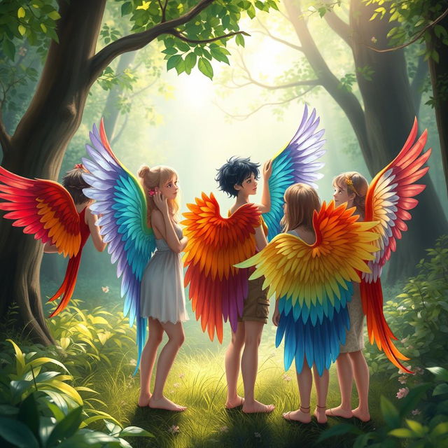 A group of people with stunning, colorful bird wings, each adorned in unique and vibrant feather patterns