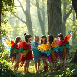 A group of people with stunning, colorful bird wings, each adorned in unique and vibrant feather patterns