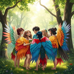 A group of people with stunning, colorful bird wings, each adorned in unique and vibrant feather patterns