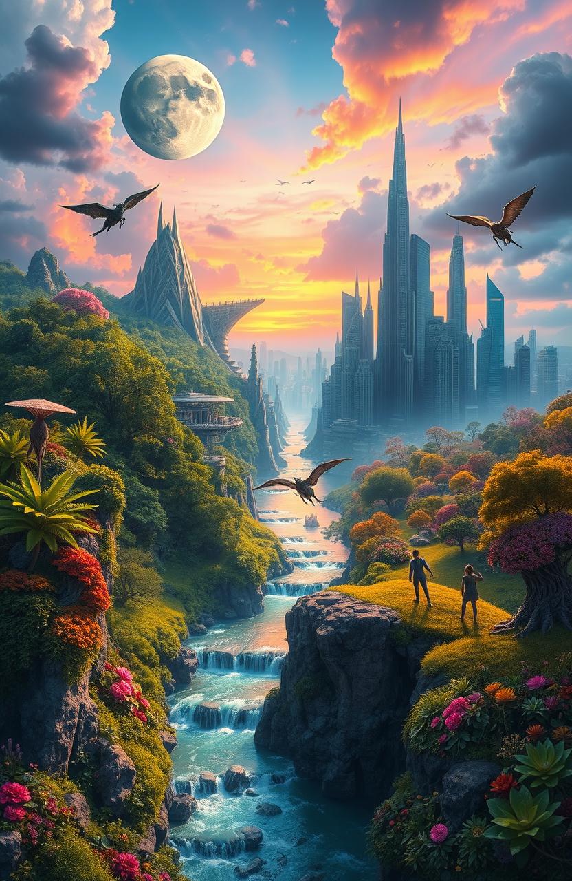 A breathtaking scene depicting parallel worlds coexisting in harmony, with vibrant landscapes merging together