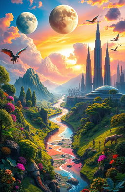 A breathtaking scene depicting parallel worlds coexisting in harmony, with vibrant landscapes merging together