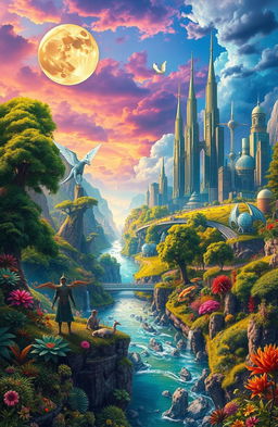 A breathtaking scene depicting parallel worlds coexisting in harmony, with vibrant landscapes merging together