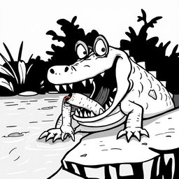 A cartoonish black-and-white illustration of a Nile crocodile on the brink of a river