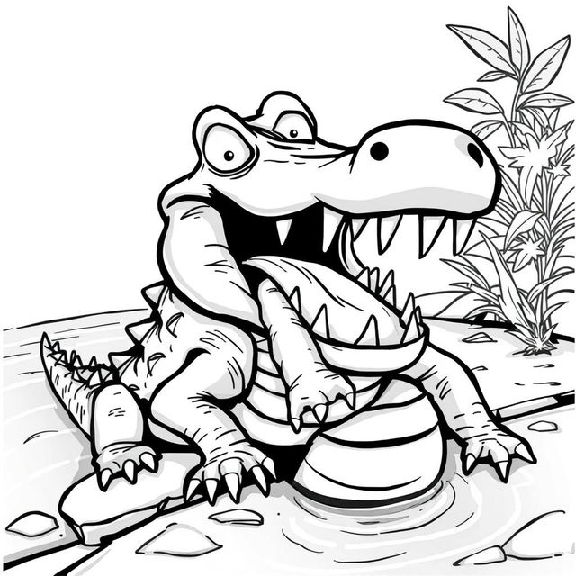 A cartoonish black-and-white illustration of a Nile crocodile on the brink of a river