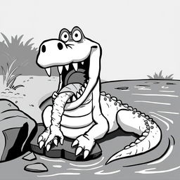 A cartoonish black-and-white illustration of a Nile crocodile on the brink of a river