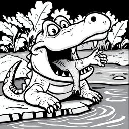 A cartoonish black-and-white illustration of a Nile crocodile on the brink of a river