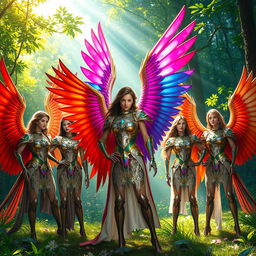 A fantastical scene depicting a group of people with large, colorful bird wings, all adorned in intricately designed, shimmering armor that reflects light beautifully