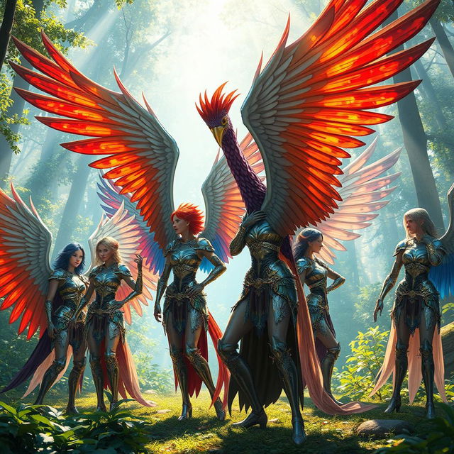 A fantastical scene depicting a group of people with large, colorful bird wings, all adorned in intricately designed, shimmering armor that reflects light beautifully