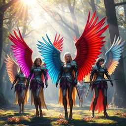 A fantastical scene depicting a group of people with large, colorful bird wings, all adorned in intricately designed, shimmering armor that reflects light beautifully