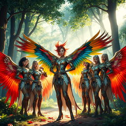 A fantastical scene depicting a group of people with large, colorful bird wings, all adorned in intricately designed, shimmering armor that reflects light beautifully