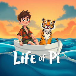An enchanting animated scene inspired by 'Life of Pi', depicting a vibrant 16-year-old boy stranded on a small, white lifeboat with a friendly Bengal tiger
