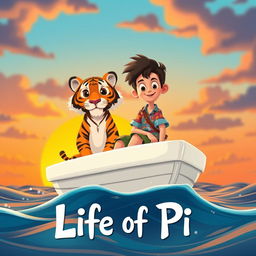 An enchanting animated scene inspired by 'Life of Pi', depicting a vibrant 16-year-old boy stranded on a small, white lifeboat with a friendly Bengal tiger