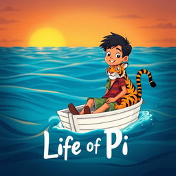 An enchanting animated scene inspired by 'Life of Pi', depicting a vibrant 16-year-old boy stranded on a small, white lifeboat with a friendly Bengal tiger