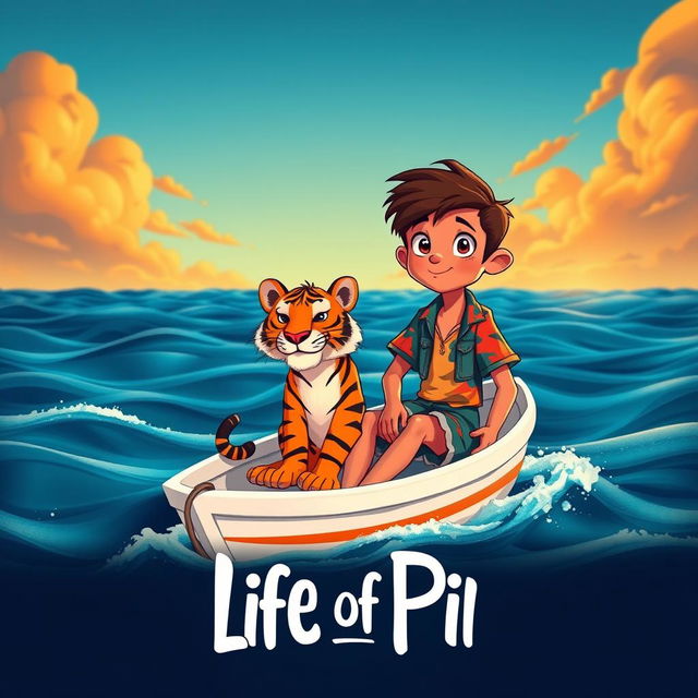 An enchanting animated scene inspired by 'Life of Pi', depicting a vibrant 16-year-old boy stranded on a small, white lifeboat with a friendly Bengal tiger