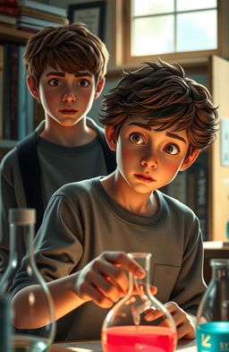 A scene depicting a 17-year-old boy resembling Finn Wolfhard, experimenting with a curious expression