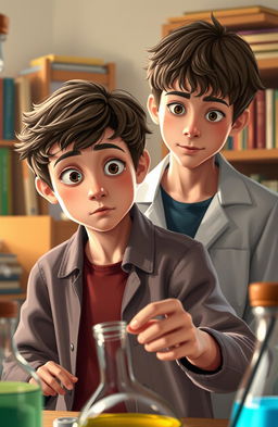 A scene depicting a 17-year-old boy resembling Finn Wolfhard, experimenting with a curious expression
