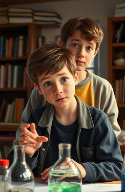 A scene depicting a 17-year-old boy resembling Finn Wolfhard, experimenting with a curious expression