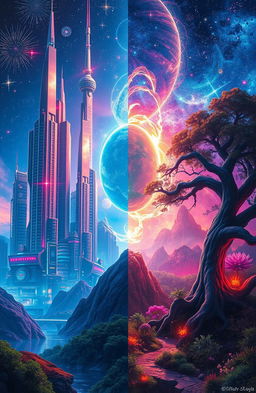 A mesmerizing portrayal of parallel worlds, featuring vibrant landscapes that blend elements of both science fiction and fantasy