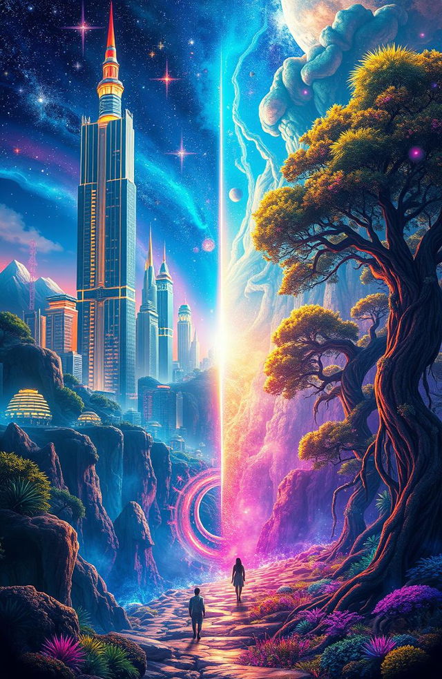 A mesmerizing portrayal of parallel worlds, featuring vibrant landscapes that blend elements of both science fiction and fantasy