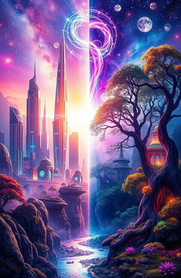 A mesmerizing portrayal of parallel worlds, featuring vibrant landscapes that blend elements of both science fiction and fantasy