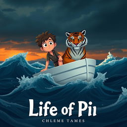An intriguing animated scene inspired by 'Life of Pi' that captures a 16-year-old boy stranded on a small, white lifeboat with a Bengal tiger amid a swirling, stormy ocean