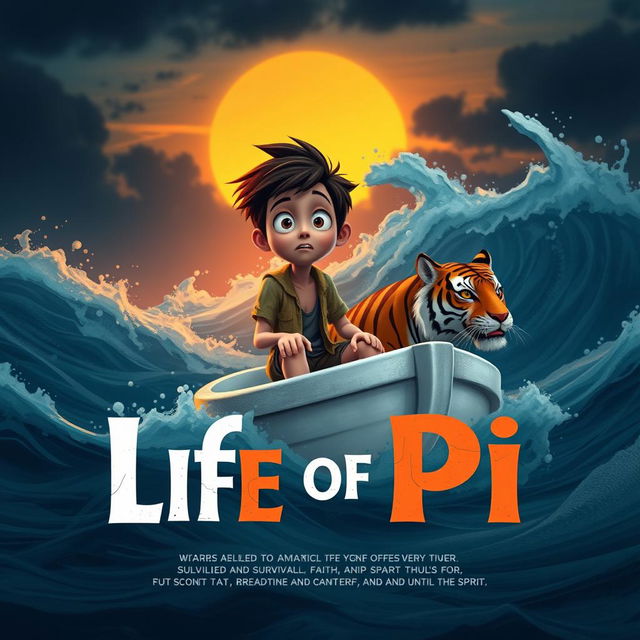 An intriguing animated scene inspired by 'Life of Pi' that captures a 16-year-old boy stranded on a small, white lifeboat with a Bengal tiger amid a swirling, stormy ocean