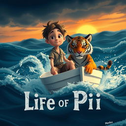 An intriguing animated scene inspired by 'Life of Pi' that captures a 16-year-old boy stranded on a small, white lifeboat with a Bengal tiger amid a swirling, stormy ocean